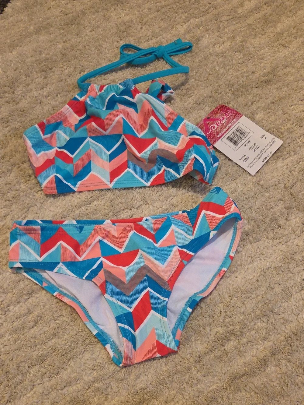 Kanu Surf Girls Chevron Two-Piece Bikini in Teal, Coral, Blue and White